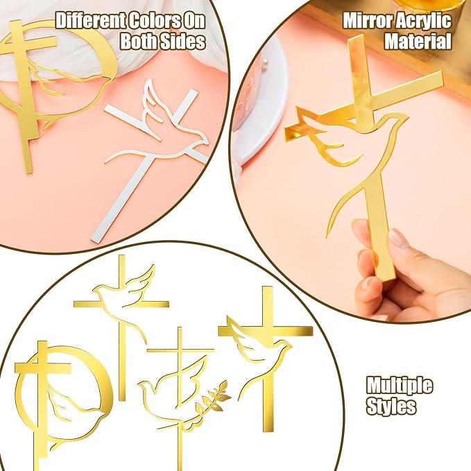 8 pcs Baptism Cake Toppers Acrylic Gold Dove Cross Cupcake Toppers Baptism First Communion Cake Decorations Supplies for Baby Shower Birthday Wedding Party Christian