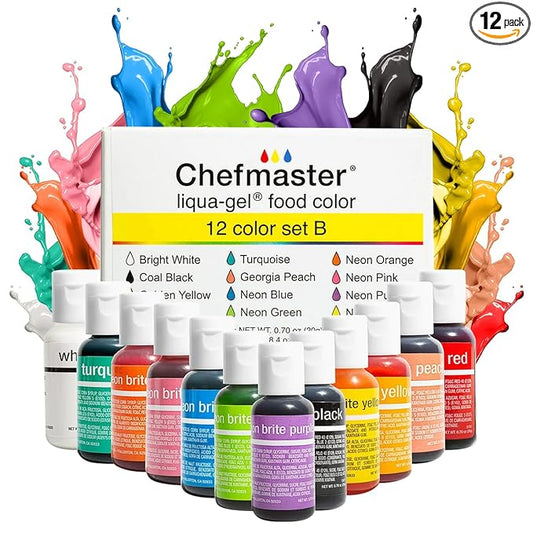 Chefmaster - Liqua-Gel Food Coloring - 12 Color Set B - Fade Resistant - 12 Pack - Vibrant, Eye-Catching Colors, Easy-To-Blend Formula, Fade-Resistant - Made in the USA