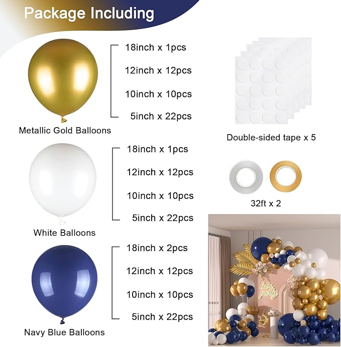 136pcs Navy Blue Gold White Balloons Garland Arch Kit,18 12 10 5 Inch Different Sizes Pack Party Latex Balloons for Valentine’s Day Birthday Holiday Party Decorations