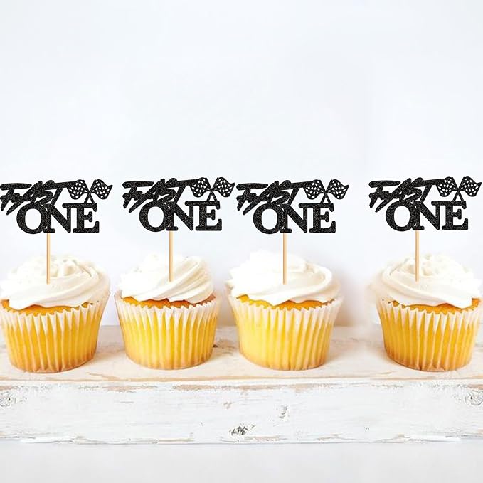 Ercadio 24 Pcs Fast One Cupcake Toppers Glitter Black Fast One Check Flag Cupcake Picks Race Car Party Birthday Cake Toppers Funny Racing Birthday Party Decoration Supplies