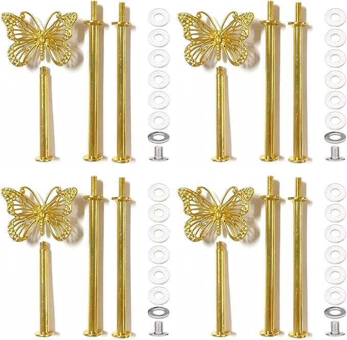 4 Sets 13.5’’ 3-Tier Cake Tray Stand Handle, Multi-tier Metal Dessert Fruit Center Rod Heavy Duty Hardware Holder for Wedding Party Birthday Cupcake Platter Stand Fittings - Gold Butterfly