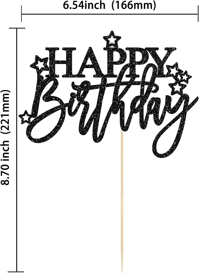 Gyufise 1Pcs Happy Birthday Cake Topper Glitter Happy Birthday Cake Pick for Celebrating Happy Birthday Anniversary Theme Party Cake Decorations Supplies Light Black