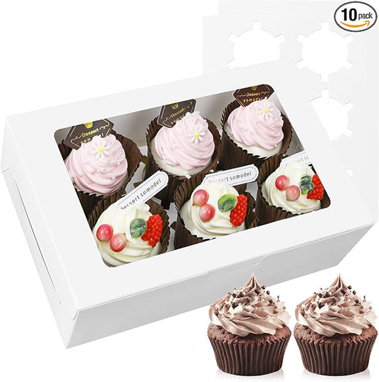 10-Set Cupcake Boxes Bulk with Clear Display Window Hold 6 Standard Cupcakes, Disposable Food Grade White Cupcake Carrier Cupcake Container, Perfect for Cupcakes Muffins Cookies Pastries