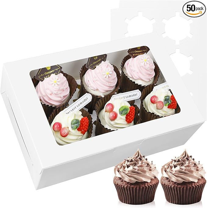 50-Set Cupcake Boxes Bulk with Clear Display Window Hold 6 Standard Cupcakes, Disposable Food Grade White Cupcake Carrier Cupcake Container, Perfect for Cupcakes Muffins Cookies Pastries