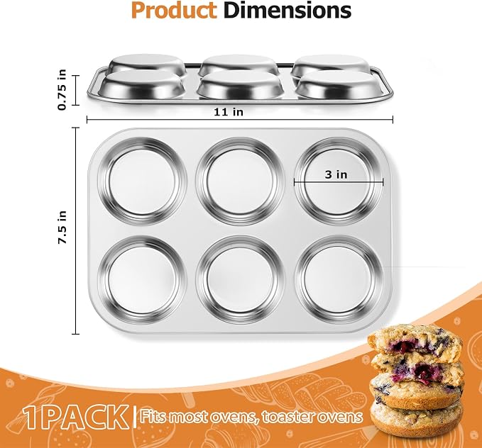 E-far Muffin Top Pan, Stainless Steel 6-Cavity Shallow Cupcake Pan for Baking Whoopie Pie, Yorkshire Pudding, Eggs, Cornbread, Drop Cookies, Non-toxic & Standard Size, Oven & Dishwasher Safe