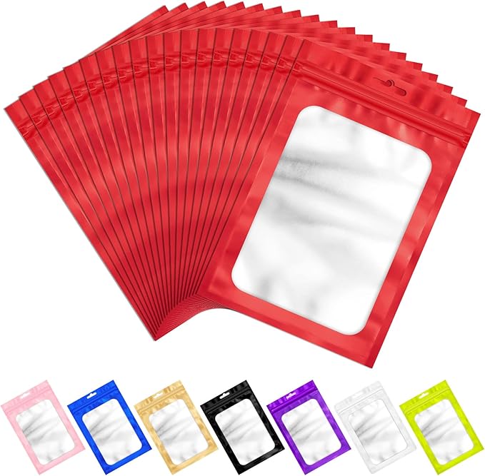 100 PCS Resealable Mylar Bags with Frosted Clear Window Packaging Bags Foil Pouch Zipper Bag for Food Self Sealing Storage Supplies (4.72x7.87, Red)
