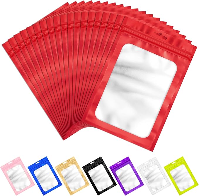 100 Pack Smell Proof Bags, Resealable Packaging Mylar Bags, Heat Seal Bags with Frosted Clear Window, Foil Pouch Smell Proof Zipper Bag for Food Storage (Red, 4.13 x 5.91)