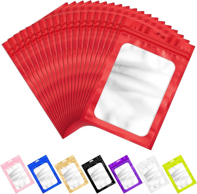 100 PCS Resealable Mylar Bags with Zipper and Frosted Clear Window Smell Proof Bags Packaging Bag Foil Pouch Zipper for Food Self Sealing Storage Supplies Xmas Treat(Red, 3.54x6.29 inch)