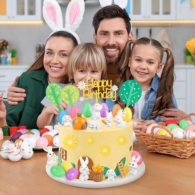 Hooqict 29Pcs Easter Cake Decorations Set with Mini Rabbits, Easter Eggs, Carrots, Happy Birthday Bunny Cake Topper & Cupcake Topper for Kids Bunny Birthday Decorations Rabbit Themed Party Supplies