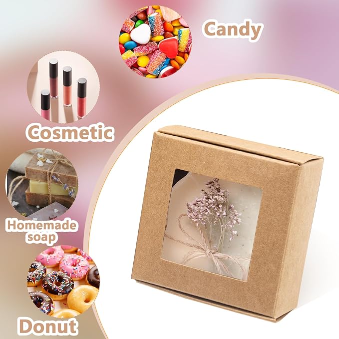 QUYLIXX 100 Pcs Soap Packaging Boxes with Window Mini Kraft Paper Boxes Bulk Treat Favor Boxes Rectangle Gift Soap Boxes for Homemade Soap Making Cookies Candy Prese