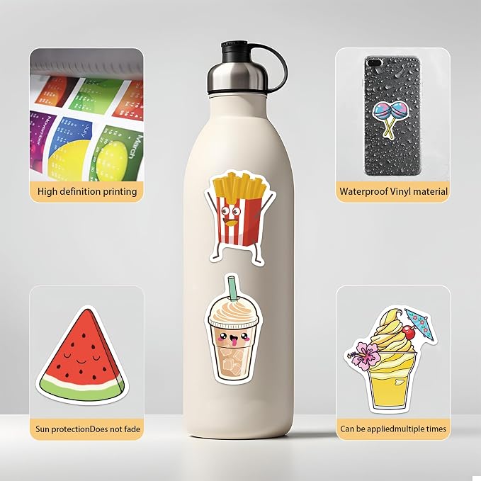 Cute Food Stickers 110PCS, Vinyl Waterproof Snack Decals for Journaling and Scrapbooking, Cartoon Stickers for Teens and Adults