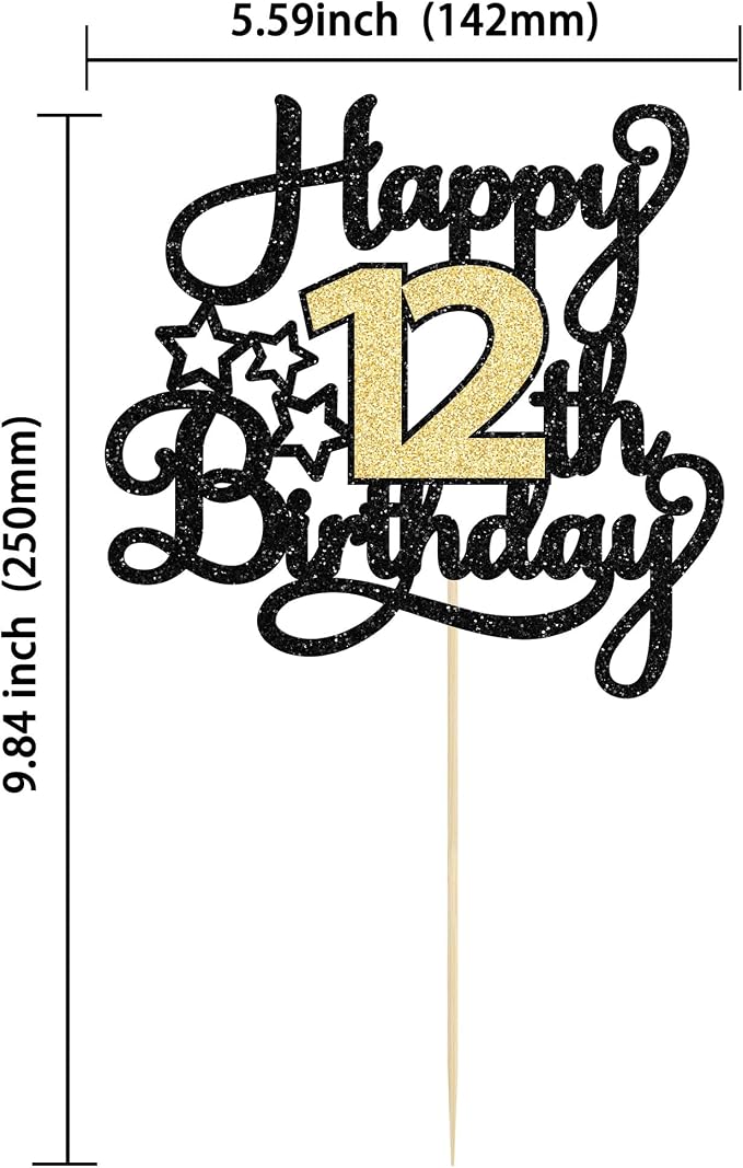 1Pc 12th Happy Birthday Cake Topper Glitter Cheers to 12 Years Cake Pick Happy Birthday Cake Decoration for 12th Anniversary Party Decoration Supplies Black Gold
