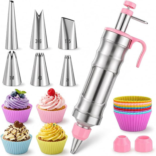 Dessert Decorating Syringe Set, Including 6 Piping Tips & 9 silicone cupcakes, Stainless Steel Frosting & Icing Piping Kit for Cake Decorating Tools Cupcake Decor