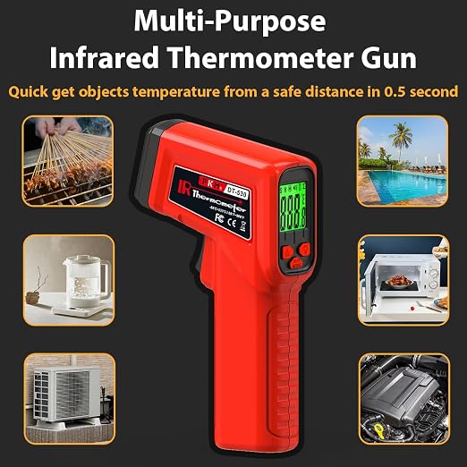 FKM Laser Thermometer Gun Non-Contact Infrared Temperature Gun,-58°F~986°F(-50°C~530°C) AdjustableEmissivity,Digital Thermometer Gun for Industrial,Kitchen Cooking,Oven,Automotive,HVAC,Not for Human