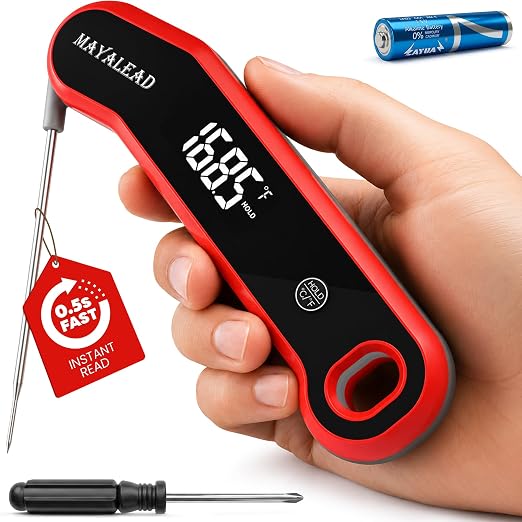 0.5 Sec Instant Read Meat Thermometer Digital Food Thermometer for Cooking Precise ±0.3℃, Magnet Store, Large Bright LED Display IP67 Waterproof BBQ Thermometer for Grill, Oven & Kitchen (Red)
