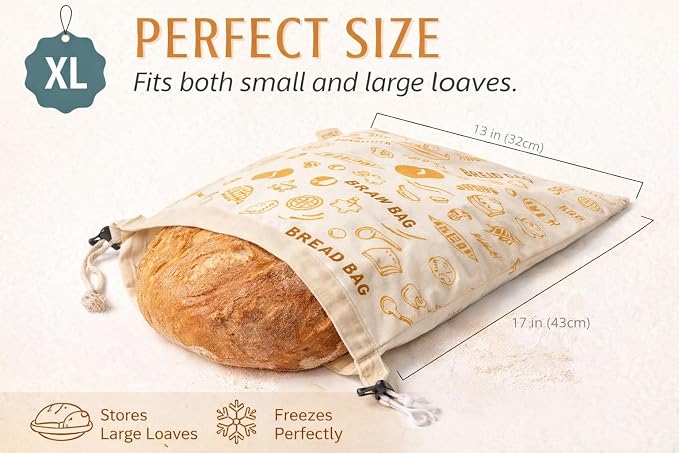 Banneton Bread Proofing Basket 9 Inch Round with Linen Liner & 16x13 XL Reusable Beeswax Bread Bag – Sourdough Proofing Basket, Banneton Basket, Large Bread Storage Bag