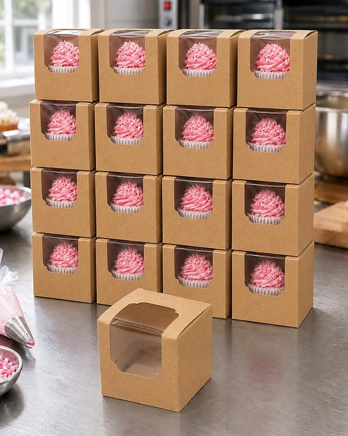 Bakepacker Auto-pop up Cupcake Boxes 200-Packs Brown 3.5" x 3.5" x 3.5", for Cake, Treat Cookie Dessert, Pastry, Birthday Party, Weddings