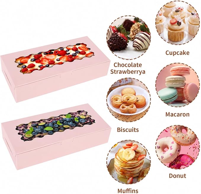 50 pcs Pink Cookie Box,12x5.5x2.5 Inch Bakery Boxes with Window Pies Chocolate Strawberries Muffins Biscuit Pastry Dessert Box For Packaging