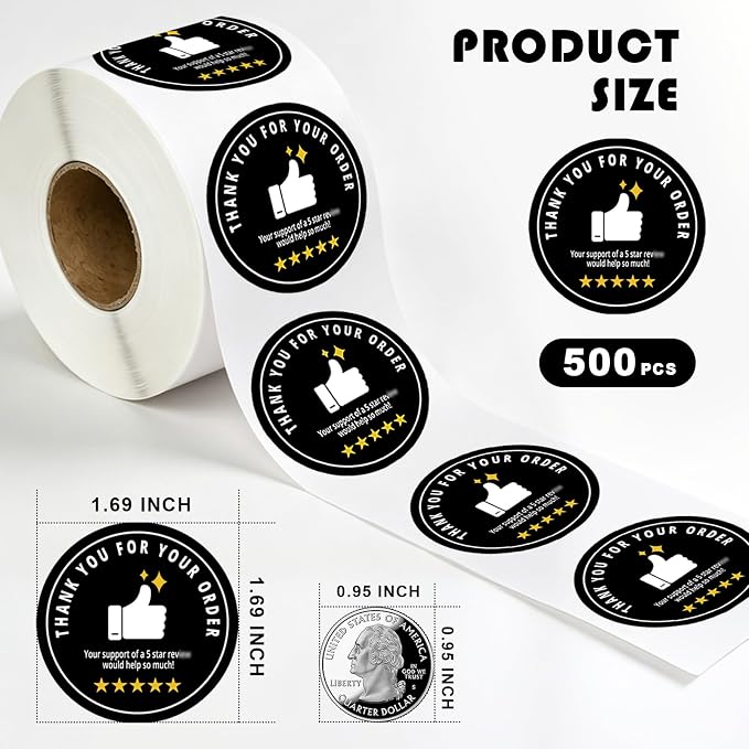 500pcs Thank You for Your Order Stickers - 1.7 Inch Round Small Business Stickers, 5 Star Support Labels for Shipping Bags, Gift Boxes, Envelopes, and Online Retail Packagings