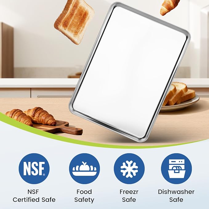BIEAMA 6 Pack Stainless Steel Toaster Oven Baking Sheets, 17.3 x 12.2 in | Stainless steel pans with no chemical coating, mirror-polished finish and rolled edges; dishwasher safe, oven safe to 500°F.