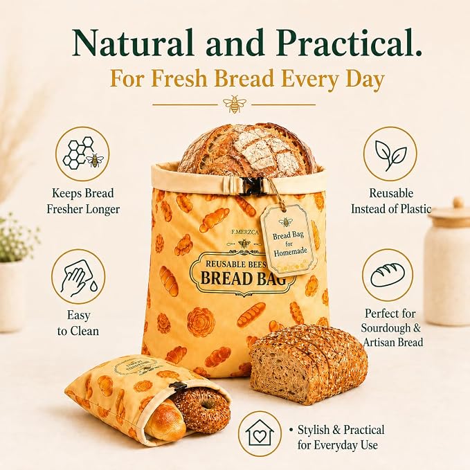 Beeswax Bread Bag 2 Pack, Reusable Linen Bread Bags for Homemade Bread, Extra Large Sourdough Bread Storage Bag, Natural Beeswax Lining Keeps Loaves Fresh Longer, Eco Friendly