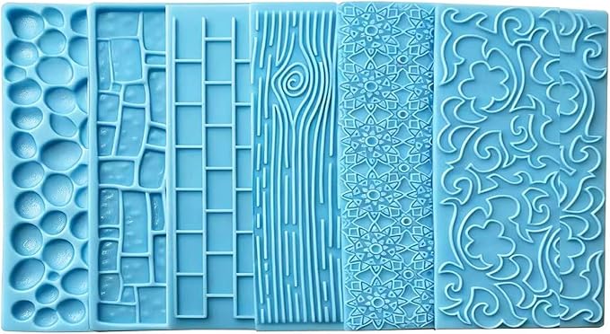 6 Pack Fondant Impression Mat Set Cake Decor Mold Set-Embossed Tree Bark/Flower/Cobblestone Texture Design Sugarcraft Decor Tool for Chocolate Cupcake Topper Wedding Cake(Blue)