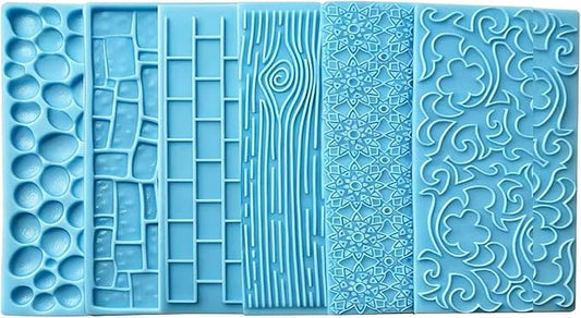 6 Pack Fondant Impression Mat Set Cake Decor Mold Set-Embossed Tree Bark/Flower/Cobblestone Texture Design Sugarcraft Decor Tool for Chocolate Cupcake Topper Wedding Cake(Blue)
