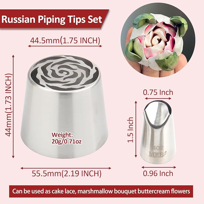 Extra Large Russian Piping Tip Set - 10 Stainless Steel Marshmallow Buttercream Framing Nozzles for Roses Tulip Cake Decorations and Bouquets, Includes 1 Leaf Nozzles and 1 Cleaning Brush(10A)