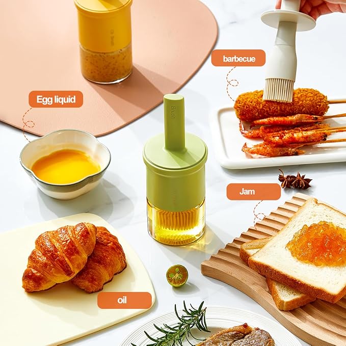 Glass Oil Dispenser with Heat Resistant Brush,Oil Dispenser Bottle with Silicone Pastry Brush for Kitchen,Cooking Vinegar and Sauce BBQ Grill Frying (Oil Dispenser-Green&Yellow)