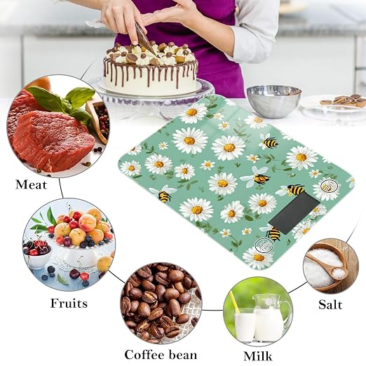 Food Scale Kitchen Scale for Baking Cooking Digital Food Weighing Measuring Scale Small Waterproof Electric Food Scale Mint Green Daisy Flowers and Bees