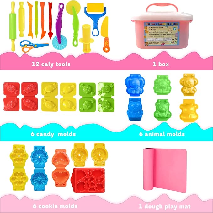 Playdough Tool Set, 31 Pcs Basic Play Dough Tools Kits for Kids, Dough Accessories Includes Pink Storage Container, Mat, 3D Animal, Cutters Roller, Rolling Pins, Safety Scissors