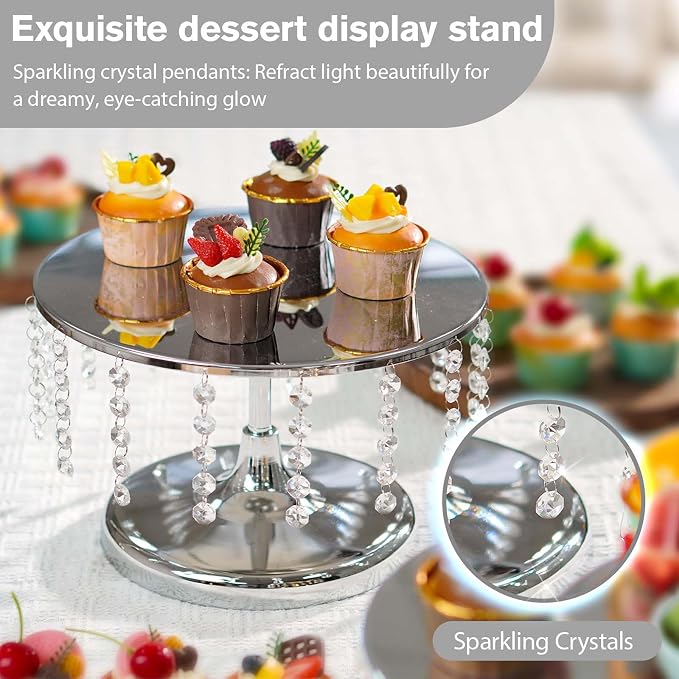 2 Pcs Silver Metal Mirror Cake Stand Set with Crystal Pendants - 11.8"W Elegant Dessert Table Display for Weddings, Birthday Parties, Baby Showers, Events - Sturdy Crystal Bling Cupcake Stands for Pastries, Sweets, Decorations