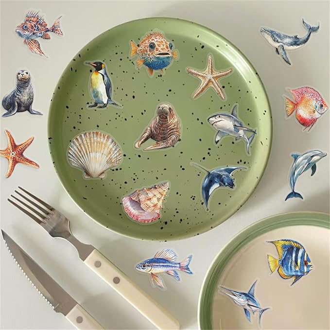 50pcs Marine Organism Transparent PET Stickers for Journaling Supplies, Lovely Sea Fish Sticker for Scrapbooking, Skateboard, Bicycle, Water Cup, Gift for Teenagers(colourful-B12)