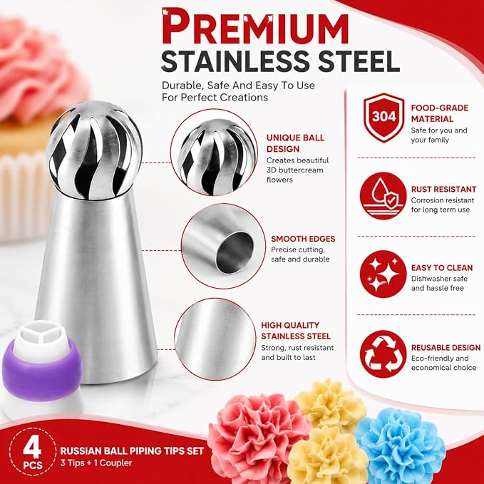 3 Pcs Ball Russian Piping Tips & 1 Couplers,Cake Decorating Supplies Piping Tips,For Cookie And Cake Decorating,Birthday Cake, Cupcake,Diy Cream Baking Tools