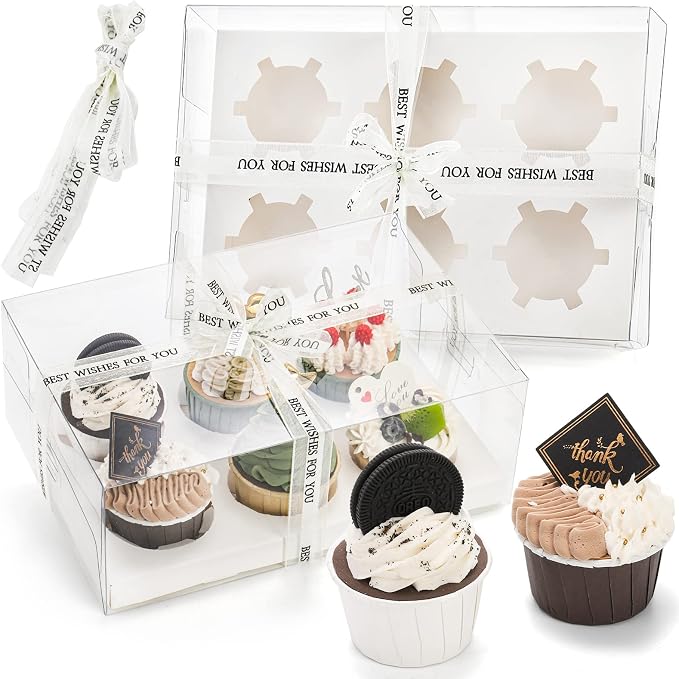 Cedilis 15 Pack Clear Cupcake Boxes, 6 Count Cupcake Containers with Gift Ribbon, Plastic Cupcake Carrier Holder for Treat Dessert Cookies Muffins Pastry Baby Shower Party