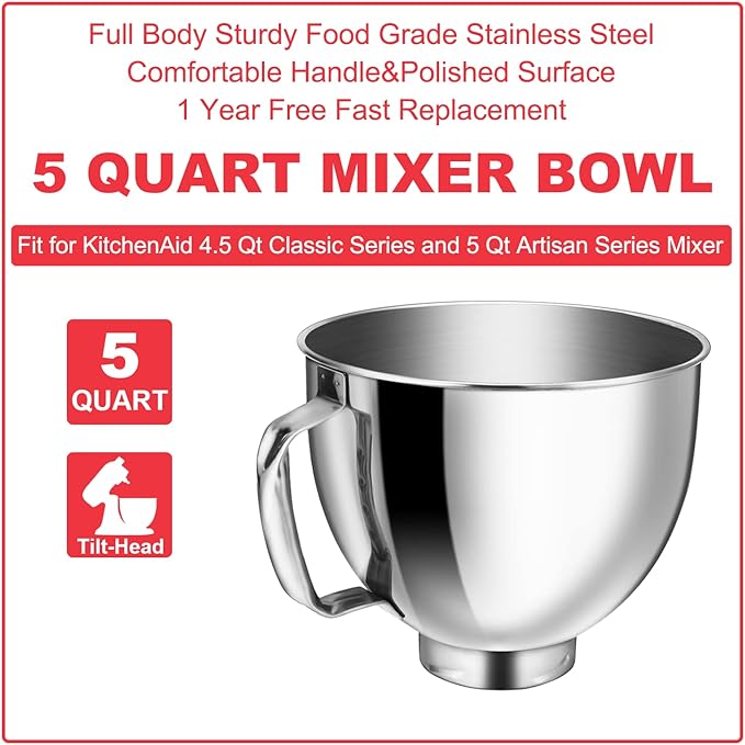 Wiselet 5 Quart Stainless Steel Mixing Bowl for KitchenAid 4.5 & 5 Qt Tilt-Head Stand Mixer, 18/8 Food-Grade Secondary Extra Bowl for Artisan Classic Series, Large Capacity for Meal Prep & Baking