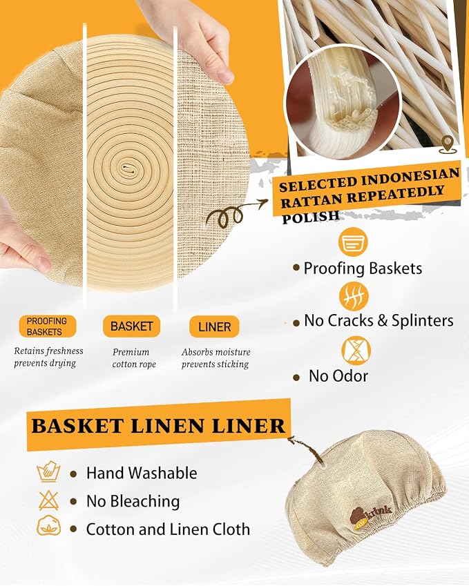 Banneton Bread Proofing Basket, Proofing Basket for Sourdough Bread Baking, Indonesian Rattan Bread Bowl Sourdough Bread Baking Supplies with Linen Liner (9" Round + 10" Oval)