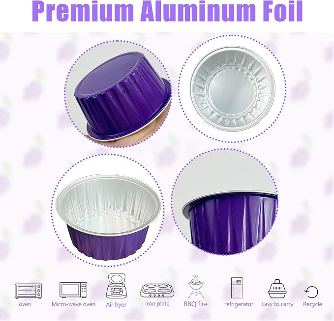 100Pcs Aluminum Cups with Lids,5oz Disposable Ramekin Baking Cups Muffin Liners Mini Pie Pans Foil Cupcake Containers for Christmas Party Wedding Party,Dark Purple