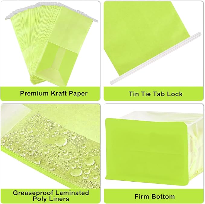 50-Pack Reusable Bakery Bags - Windowed Kraft Paper Bags with Seal & Tin Tie Tab Lock - Upright Cookie, Bread & Pastry Packaging (Green)