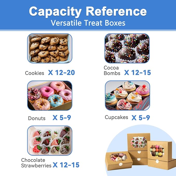 50 Pcs Bakery Boxes 8-In with Windows, Cookie Boxes Brown for Chocolate Covered Strawberries, Treats, Donuts, Cupcakes, and Candy Gift Giving 8x6x2.5 Inch