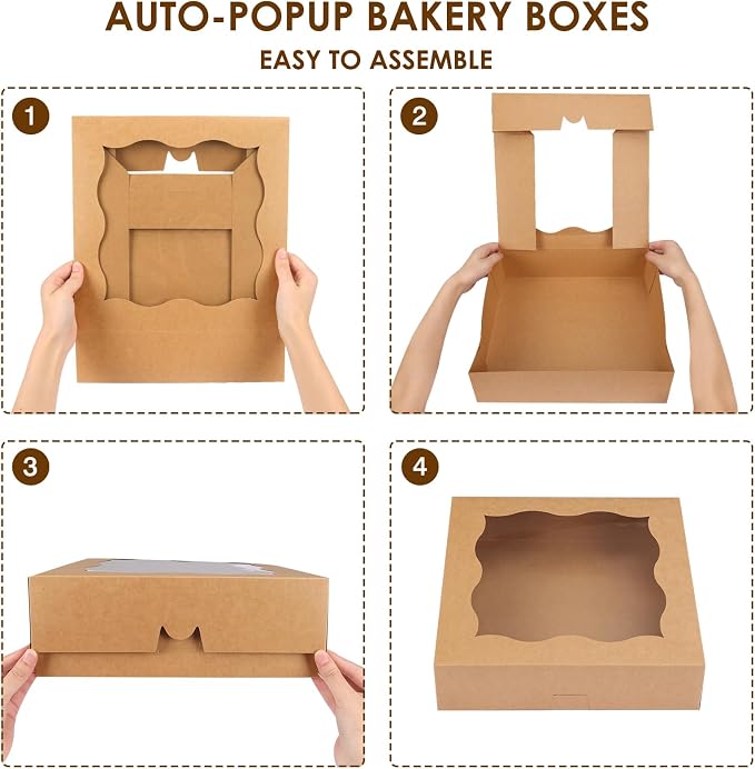 Moretoes 25pcs Pie Boxes, 12x12x3 Inch Auto-Popup Brown Bakery Boxes with Window for Pie, Cookie Cake, Treats, Desserts, Donuts, Muffins