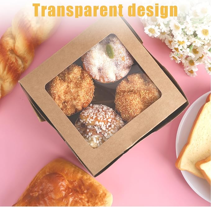 20 PCS Wood Color Paper Cupcake Boxes 4 Count and Clear Window for Valentine, Birthday, Wedding, Bakery Supplies and Party, Which Can Be Used as Bento Cake Box
