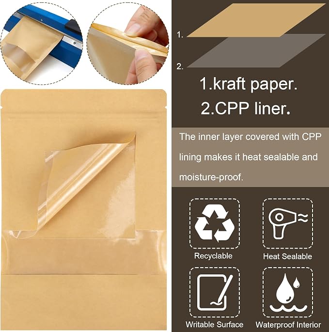 Blisstime 50 Pack Kraft Paper Stand Up Pouch Bags, Resealable Bag with Transparent Window and Tear Notch for Multipurpose Storage (6 X 8.6 Inches)