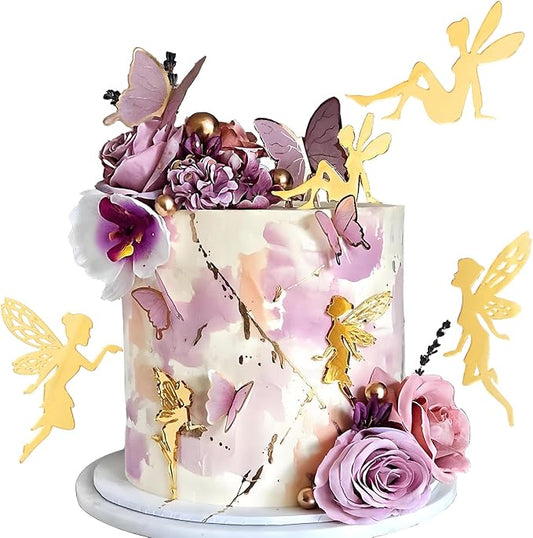 12PCS Gold Fairy Cupcake Toppers Acrylic Fairy Cake Decor for Party Decor | Mirror Design Birthday Party Supplies DIY Gifts Flower Bouquet Pastries Desserts Decor