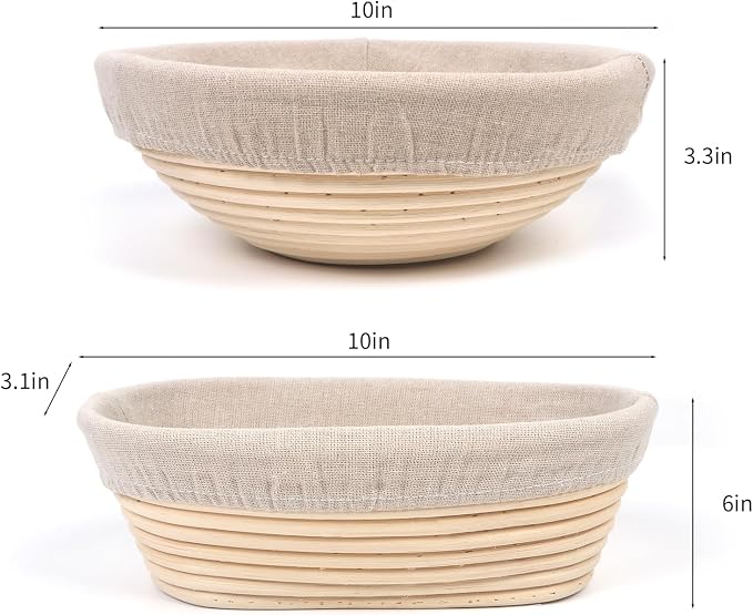 Banneton Bread Proofing Basket Set, 11 Inch Sourdough Proofing Basket and Bread Baking Supplies-Bread Lame, Danish Whisk, Bowl & Dough Scraper, Brush, (Rattan, 10in Round +10in Oval+1 Set Jar Kit)