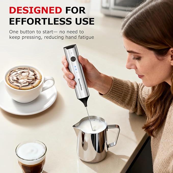 Bonsenkitchen Rechargeable Milk Frother with Stand, 3-Speed Handheld Coffee Frother, Dual Spring Whisk Electric Hand Frother Wand Drink Mixer for Lattes Cappuccino Protein, Kitchen Gifts
