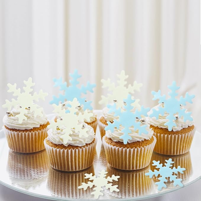 Gyufise 50Pcs Blue White Edible Cupcake Toppers Snowflakes Cake Toppers Snowflakes Cake Decoration Winter Frozen Birthday Party Supplies