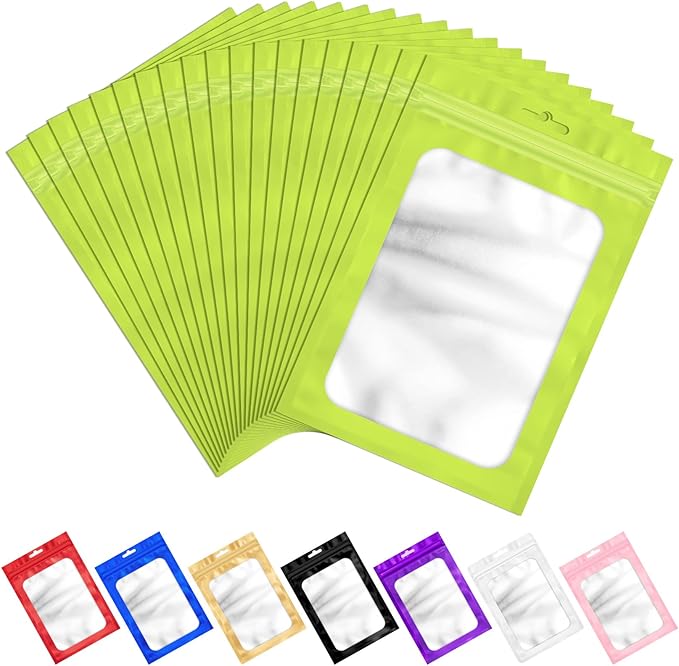 100 Pack Smell Proof Bags, Resealable Packaging Mylar Bags, Heat Seal Bag with Frosted Clear Window, Foil Pouch Smell Proof Zipper Bag for Food Storage (Green, 4.13 x 5.91)