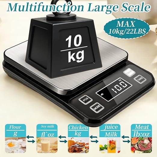 Waterproof Food Scale, 22lb Digital Kitchen Scale with Batteries, 304 Stainless Steel Precision Gram Scale for Baking, Cooking, Meal Prep, Tare Function