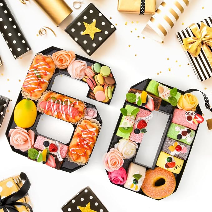 Cardboard Number for Charcuterie 60 Set Fillable Tray 10.2'' Black Charcuterie Paper Box for 60th Birthday Anniversary Party Decorations Chocolate Candy Cupcake Container